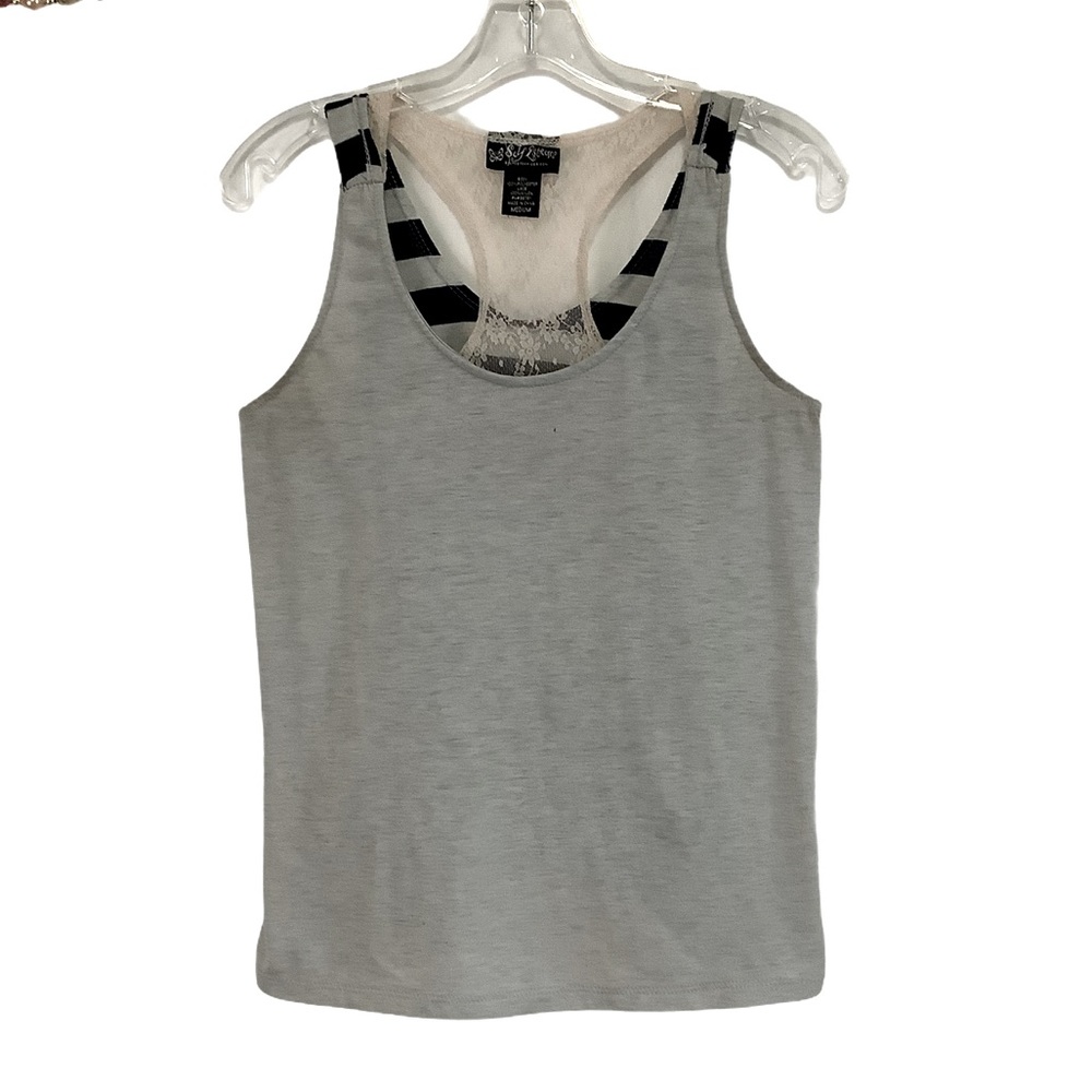 Self Esteem Grey Lace Striped Racerback Tank M